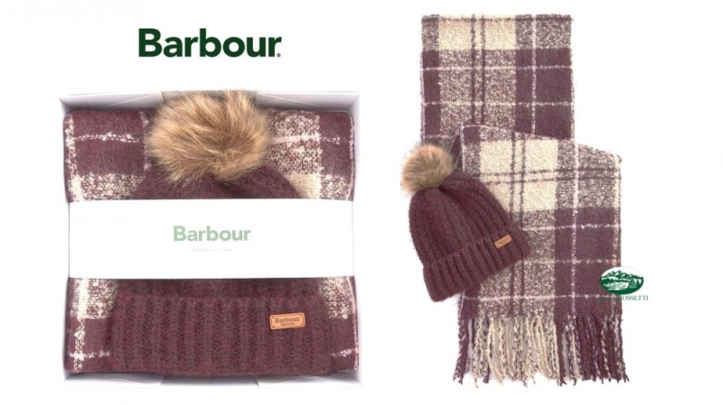 BARBOUR Set cappello e sciarpa tartan Saltburn bordeaux donna