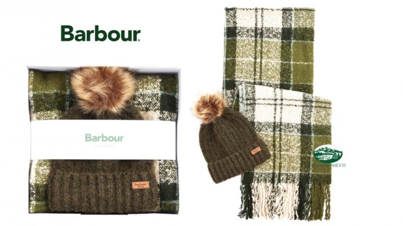 BARBOUR Set cappello e sciarpa tartan Saltburn verde donna