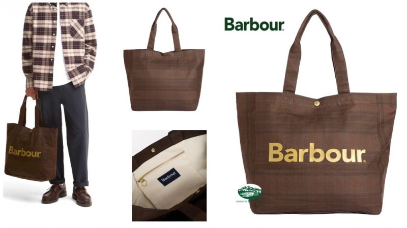 BARBOUR Borsa tote Telfield in tartan sovratintocolore marrone